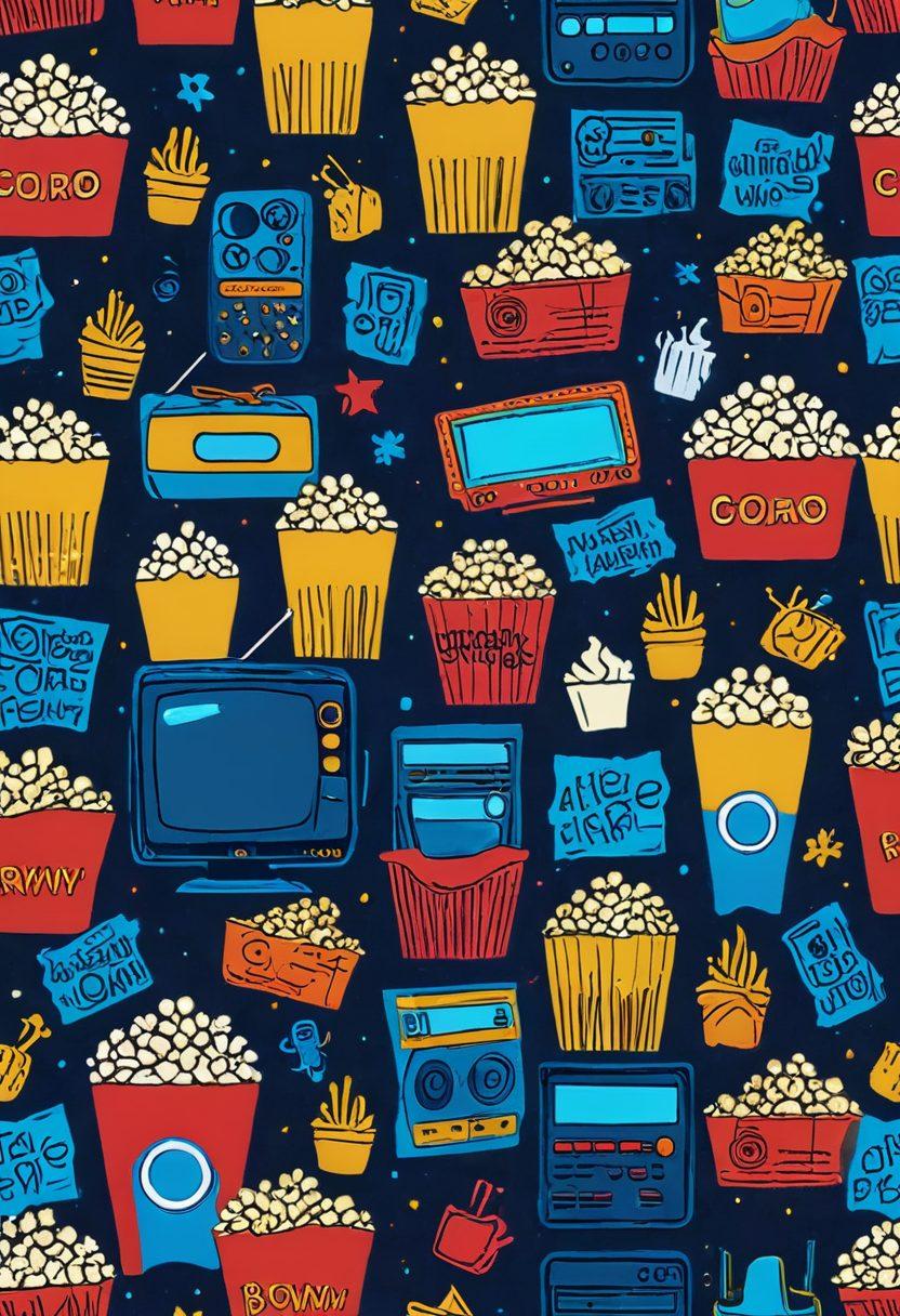 A vibrant collage of iconic TV show characters and streaming platforms, surrounded by a glowing spotlight. Include elements like popcorn, a remote control, and digital screens showcasing various genres. The background should feature abstract waves of color representing different streaming services. super-realistic. vibrant colors. blue and gold gradient.
