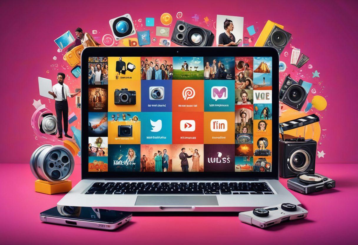 A vibrant collage illustrating the evolution of online entertainment, featuring a smartphone displaying a vlog, a laptop with a viewing guide, and a film reel. Include diverse characters enjoying content on various devices in a colorful, dynamic setting. Add elements like streaming icons and social media symbols to represent connectivity. Bright colors and a cheerful atmosphere to evoke excitement. digital illustration. vibrant colors. modern design.