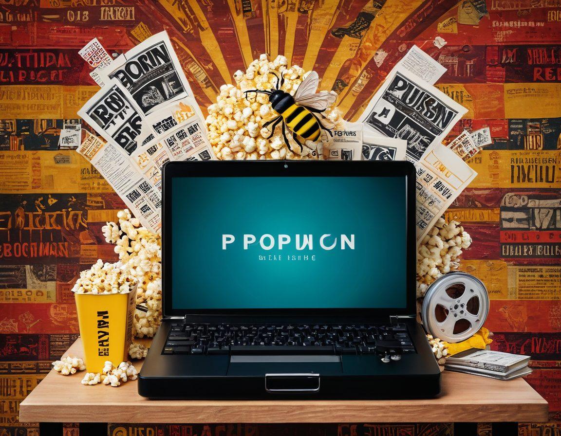 A collage of film reels, pop-corn, and a buzzing bee symbolizing media analysis and reviews, set against a vibrant backdrop of movie posters and graphs reflecting critiques. Include a vintage typewriter and a modern laptop to emphasize the blend of traditional and digital critiques. The overall ambiance should be energetic and inviting. super-realistic. vibrant colors. layered textures.